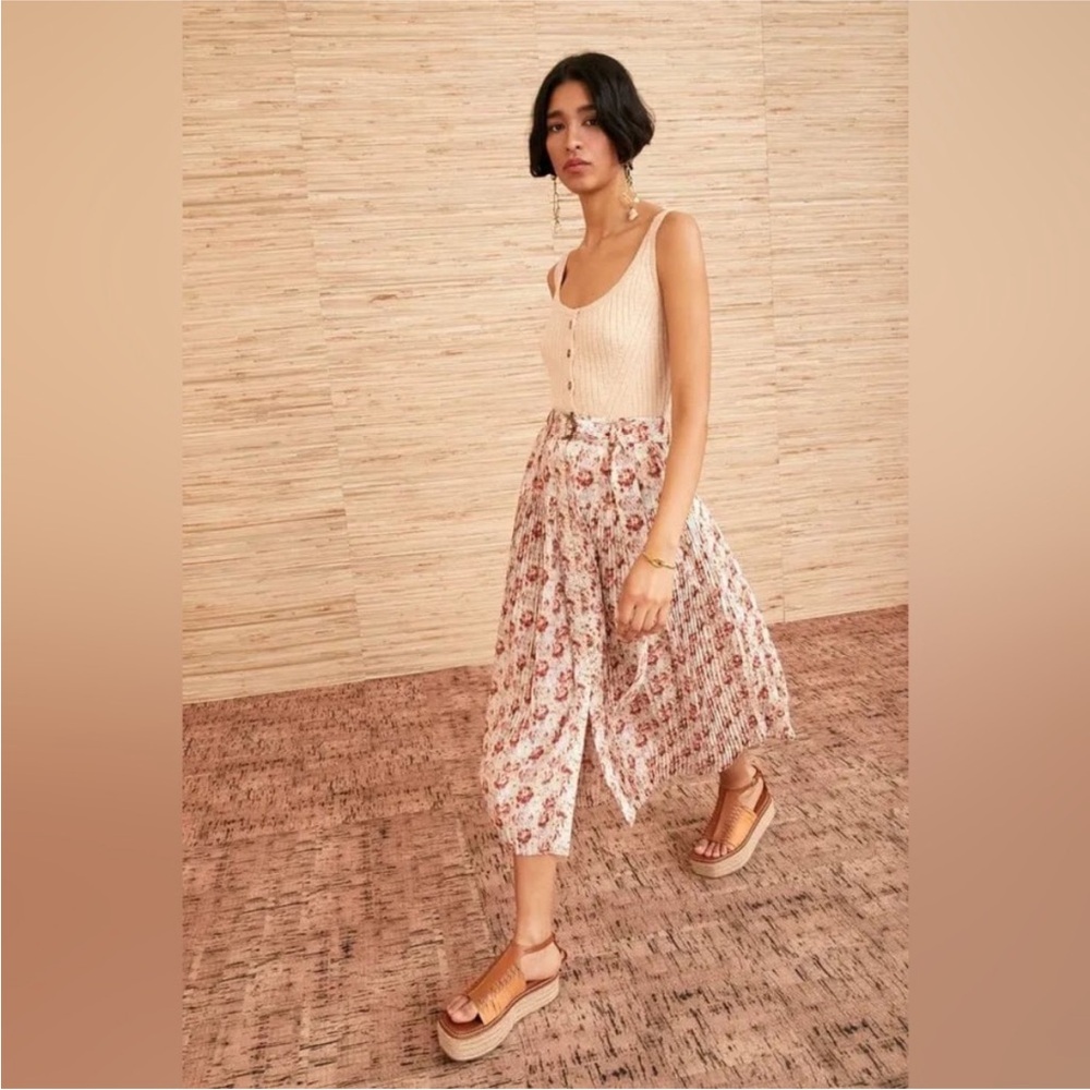 NEW‎ ULLA JOHNSON Charline Floral Pleated Midi Skirt Belted NWT Size 2 100% Silk